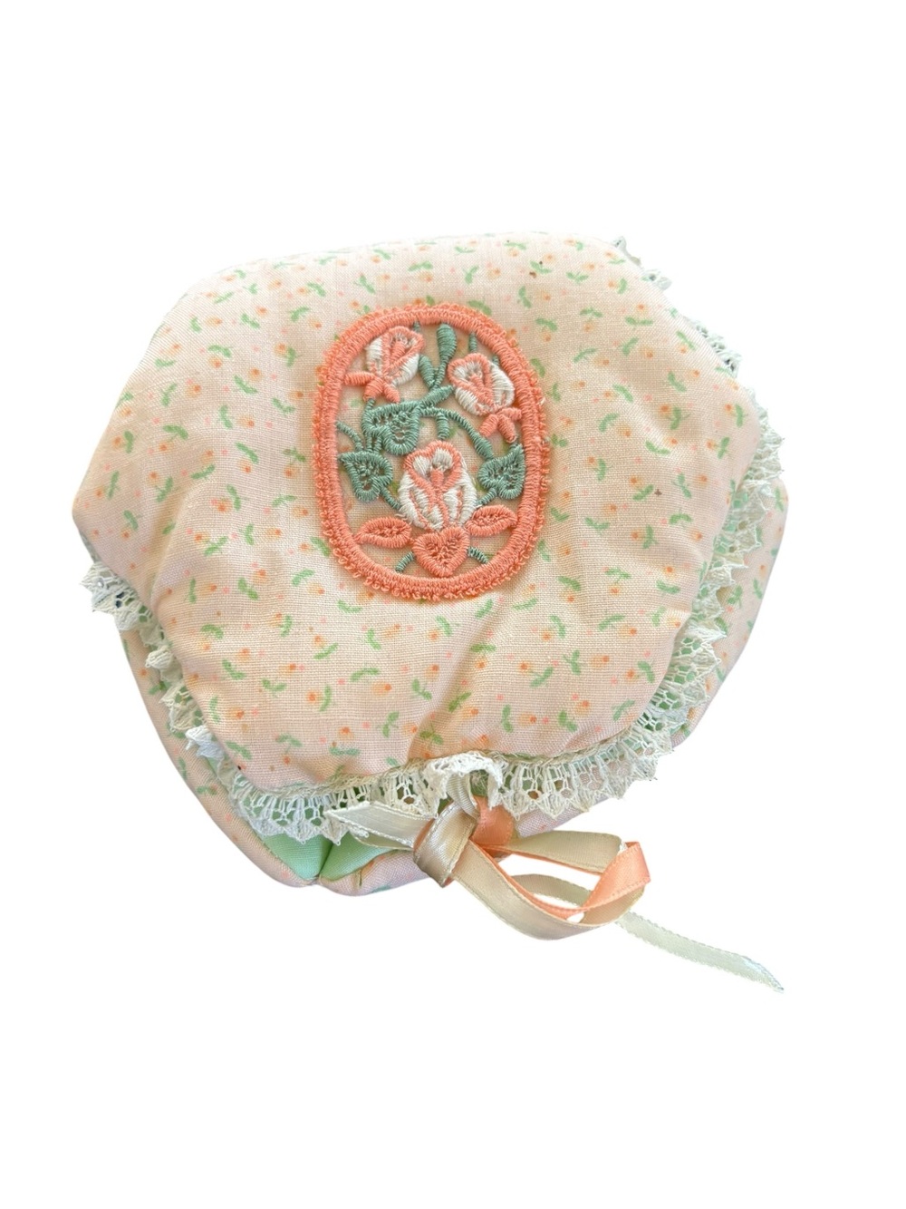 Handmade Round Cushioned Sewing Pincushion Box Ditsy Floral Tied Close Peach